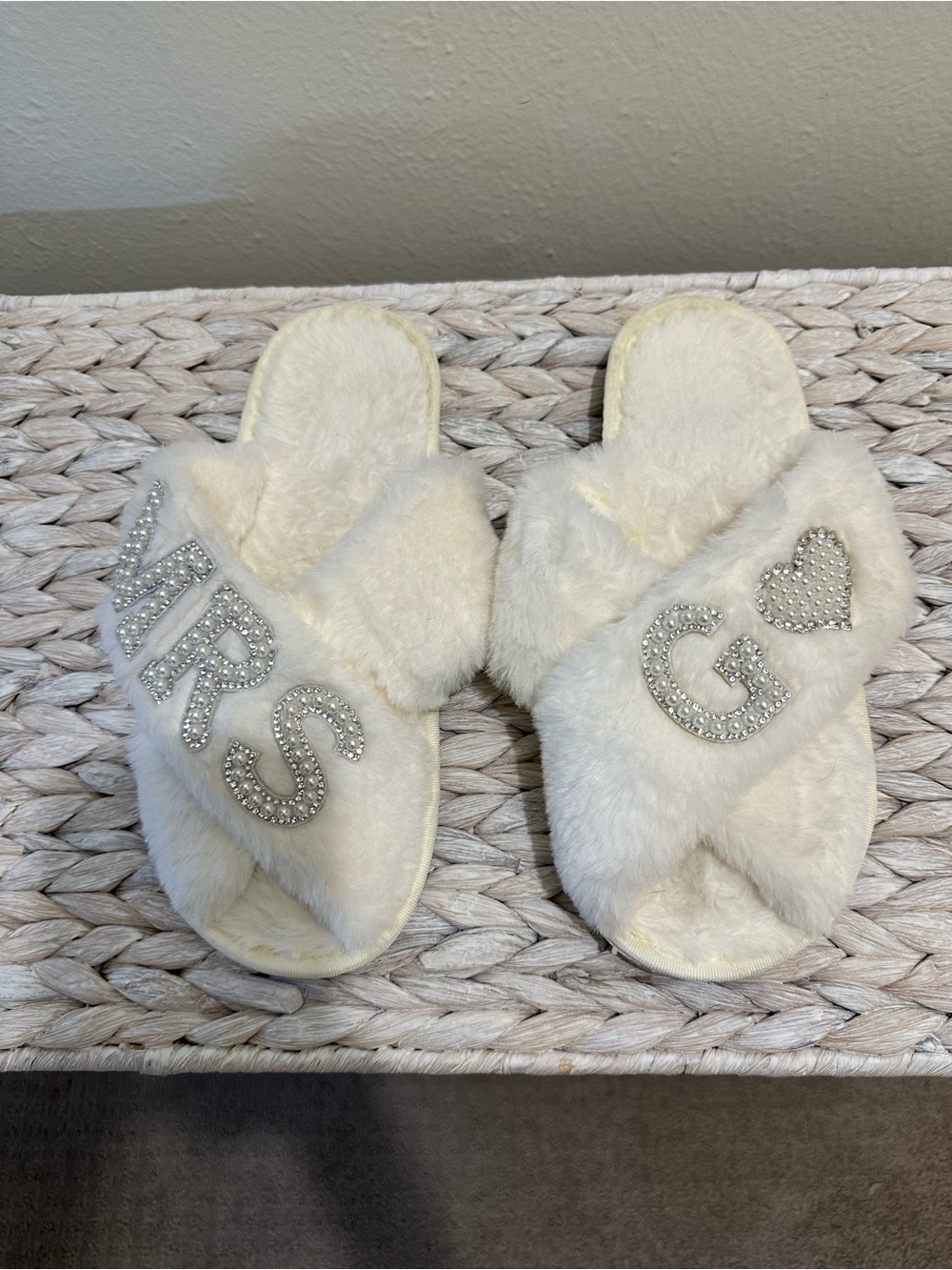 Plush White Rhinestone Letter Slippers
